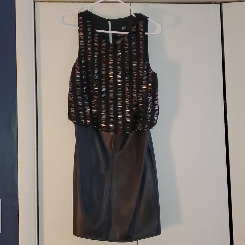Kaii Beaded Striped Pleather Skirted Dress